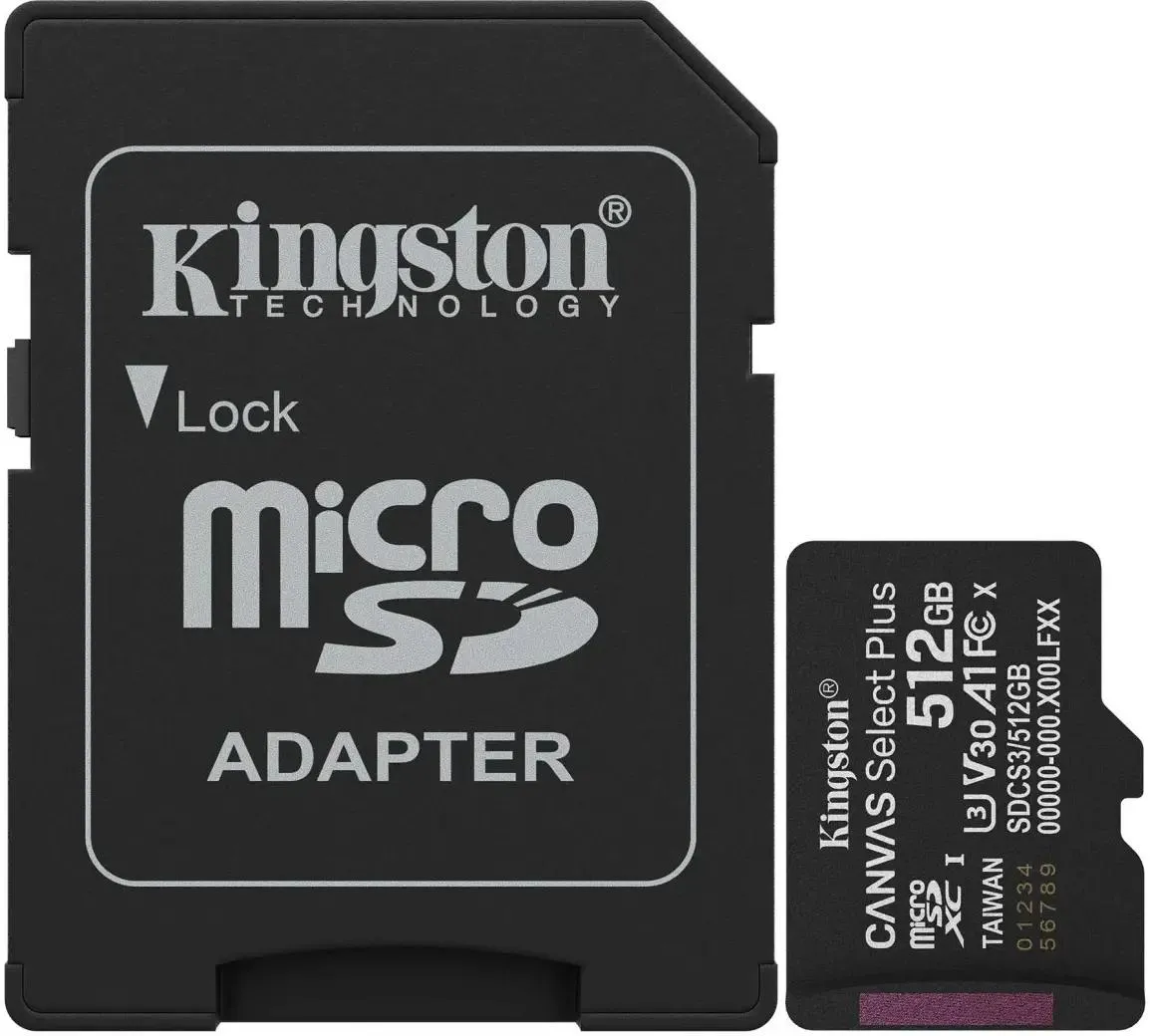 Карта памяти MicroSDXC 512Гб Kingston Class 10 Canvas Select Plus A1 U3 V30  (150 Mb/s) + SD адаптер