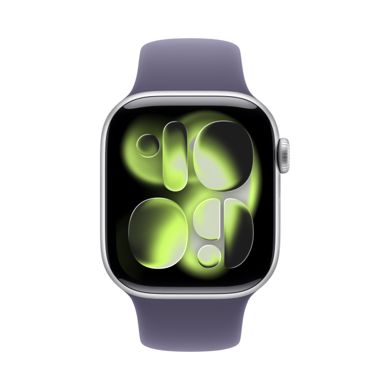 Apple Watch Series 11 GPS 42мм, корпус серебристого цвета, фиолетовый спортивный ремешок S/M (MEU64LW/A)